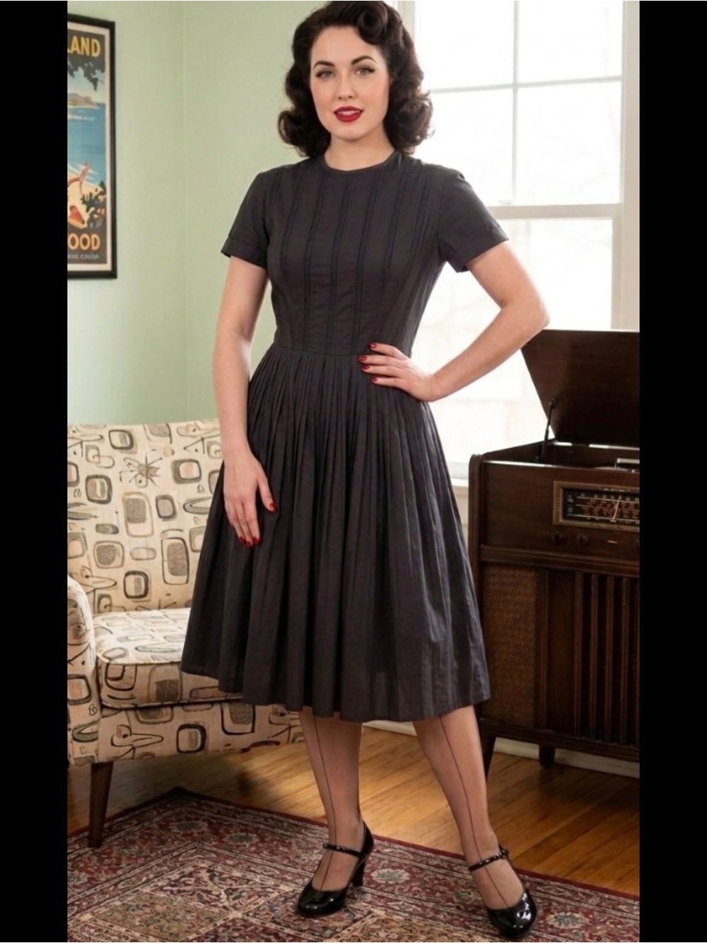 Vintage L’aiglon 1950 MCM Fit Flare 
Cotton Twill Charcoal Gray Midi Dress M